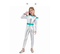 Miaeowve Disfraz de Alien para niños y niñas, traje de viaje de manga larga, metálico, cuerpo entero, leotardo con diadema alienígena, 2 piezas, traje espacial plateado, 146-152