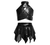Miaeowve Disfraz de danza de jazz para niños y niñas, vestido de danza con lentejuelas sin mangas, vestido de baile moderno, top corto con asimétrico, falda de baile de competencia, Negro , 134-140