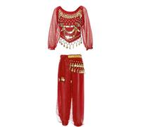 Miaeowve Disfraz de danza del vientre para niños y niñas, conjunto de ropa de danza árabe india, manga larga, camiseta con flecos, borla, top con pantalones de baile, leggings, disfraz de danza, rojo,