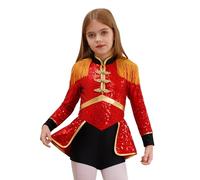 Miaeowve Disfraz de director de circo para niños y niñas, de manga larga, con lentejuelas, con flecos, borla, mono corto con corte hacia fuera, traje de baile de competencia, rojo 110-116