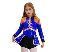 Miaeowve Disfraz de director de circo para niños y niñas, de manga larga, con lentejuelas, con flecos, borla, mono corto con corte hacia fuera, traje de baile de competencia, azul real, 122-128