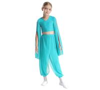 Miaeowve Modern Dance Outfit Girls Classic Dance Dress Conjunto de ropa con volantes, manga trompeta, top corto, de gasa, pantalones de baile, leggings de dancewear azul y verde 146-152