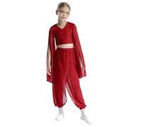 Miaeowve Modern Dance Outfit Niña Clásico Dance Bekleidungsset Rüschen Trompetenärmel Oberteil Kurz Danz Top Chiffon Tanzhose Leggings Dancewear Burgundy 146-152