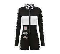 Miaeowve Mono de carreras para mujer, mono corto de manga larga, a cuadros, cuello alto, mameluco con pierna, motorista de carreras, cosplay, color blanco, XL