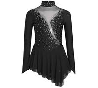 Miaeowve Vestido de acrobacia para niña de manga larga, vestido para patinaje sobre hielo, con strass, brillante, vestido para patines de rueda, malla, patchwork, ballet con falda asimétrica