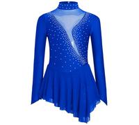 Miaeowve Vestido de acrobacia para niña, manga larga, vestido de entrenamiento, patinaje artístico, con pedrería, vestido de ballet, cuello alto, traje de ballet con falda, azul, 158-164