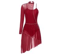 Miaeowve Vestido de baile lírico para mujer, con diamantes de imitación, brillante, patinaje artístico, un hombro, vestido de ballet, asimétrico, gasa, vestido de competición, vestido de entrenamiento