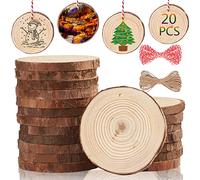 Miaikoe Discos de madera natural, 20 unidades, 9 - 10 cm, sin terminar, manualidades preperforadas con agujero, círculos de madera redondos, para arte, rústico, discos de madera, decoración navideña