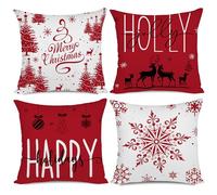 Miaikoe Juego de 4 fundas de cojín de Navidad rojas de 50 x 50 pulgadas, decoraciones de Navidad, Feliz día festivo, acebo, copo de nieve, decoración de Feliz Navidad, funda de cojín para el hogar,