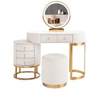 MiaJJooLi Juego de tocador de cuero sintético con espejo LED, tocador de cosméticos para niñas, cómoda de maquillaje, tocador con taburete y 5 cajones, Dressing Table iluminada para habitación pequeña