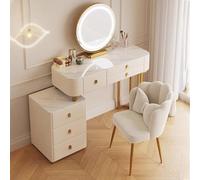 MiaJJooLi Mesa de maquillaje con espejo y silla, mesa de maquillaje, tocador, sala de estar para niñas, tablero de piedra, 5 cajones con rieles deslizantes de 80/100 cm