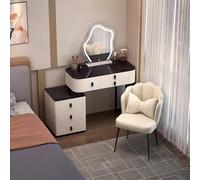 MiaJJooLi Tocadores Maquillaje con Espejo LED,Tocador Niña Cajones con Guías Metálicas, Dormitorio Tocador Silla y Armario Lateral Encimera de Piedra, Mueble Tocador con Patas de Metal