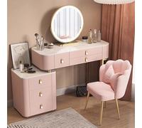 MiaJJooLi Tocadores Maquillaje con Espejo LED,Tocador Niña Cajones con Guías Metálicas, Dormitorio Tocador Silla y Armario Lateral Encimera de Piedra, Mueble Tocador con Patas de Metal