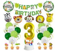MiaLover Cartel de cumpleaños de la selva, safari, bosque, globos de látex y papel de aluminio, decoración de pasteles para niños y niñas, 3er cumpleaños y baby shower
