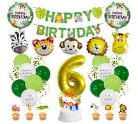 MiaLover Juego de cumpleaños de 6 años en la selva - Globos de látex y papel de aluminio con animales del bosque de safari, pancarta feliz, decoración de pastel para niño y niña, 6º cumpleaños y baby