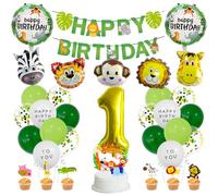 MiaLover Juego de decoración de cumpleaños de la selva de 1 año, pancarta de feliz cumpleaños, safari, bosque, animales, globos de látex, globos de aluminio, decoración de pastel para decoración de