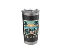 Miami, Florida, costero, ciudad, horizonte, retro, puesta de sol, playa, palmera Vaso térmico de acero inoxidable de doble pared