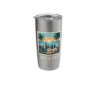 Miami, Florida, costero, ciudad, horizonte, retro, puesta de sol, playa, palmera Vaso térmico de acero inoxidable de doble pared
