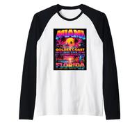 Miami Golden Coast Retro Beach Sunset Florida Graphic Camiseta Manga Raglan