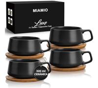 MIAMIO - 4 x 320 ml tazas de café/juego de taza y platillo/elegantes y modernas tazas de café en cerámica gres - Juego de 4 pzas de colección de lujo - Luxe Collection (Negro)