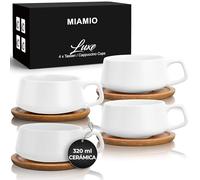 MIAMIO - 4 x 320 ml tazas de café/juego de taza y platillo/elegantes y modernas tazas de café en cerámica gres - Juego de 4 pzas de colección de lujo - Luxe Collection (Blanco)