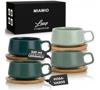 MIAMIO - 4 x 320 ml tazas de café/juego de taza y platillo/elegantes y modernas tazas de café en cerámica gres - Juego de 4 pzas de colección de lujo - Luxe Collection (Evergreen)