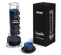 MIAMIO 6 x 75 ml Tazas Cafe Espresso De Cerámica de Gres - Juego De Tazas De Café con Plato - Le Papillon Colección (Azul)