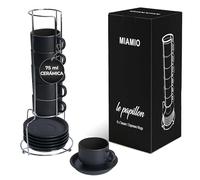 MIAMIO 6 x 75 ml Tazas Cafe Espresso De Cerámica de Gres - Juego De Tazas De Café con Plato - Le Papillon Colección (Negro)