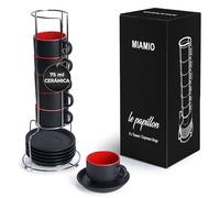 MIAMIO 6 x 75 ml Tazas Cafe Espresso De Cerámica de Gres - Juego De Tazas De Café con Plato - Le Papillon Colección (Rojo)