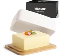 MIAMIO - Caja para Mantequilla con Tapa para Encimera (620 ml) Caja de Mantequilla de Cerámica / Contenedor para Mantequilla con Tapa de Bambú, Caja de Mantequilla para Refrigerador (Blanco)