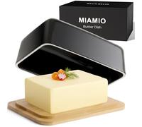 MIAMIO - Caja para Mantequilla con Tapa para Encimera (620 ml) Caja de Mantequilla de Cerámica / Contenedor para Mantequilla con Tapa de Bambú, Caja de Mantequilla para Refrigerador (Negro)