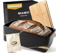 MIAMIO - Caja para Pan para Encimera de Cocina/Caja de Pan de Cerámica con Tabla de Cortar, Contenedor para Pan con Tapa de Bambú, 32 x 21 x 11,5 cm (Negro)