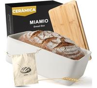 MIAMIO - Caja para Pan para Encimera de Cocina/Caja de Pan de Cerámica con Tabla de Cortar, Contenedor para Pan con Tapa de Bambú, 32 x 20 x 11,5 cm (Blanco)