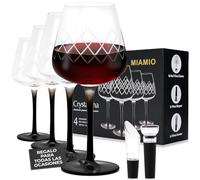 MIAMIO - Copas de vino tinto de 480 ml, Juego de 4 copas de vino grandes Copas de vino de cristal con tallo largo negro Copas de vino + tapón para vino y aireador - Colección Crystaluna