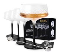MIAMIO - Juego de 4 Copas de Cóctel 280 ml con Cuchara de Bar, Cristal Soplado a Mano, Tallo Negro, Diseño Único para Vodka Martini y Champán - Colección Crystaluna