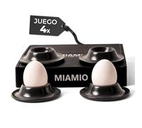 MIAMIO - Juego de 4 Hueveras de Cerámica, Soportes para Huevos de Gres con Bandeja para Cáscaras Calidad Restaurante - Aptas para Lavavajillas (Negro)
