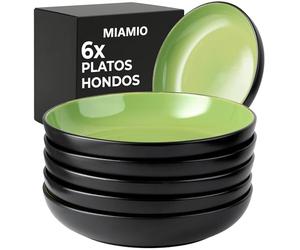 MIAMIO - Juego de 6 platos hondos de 900 ml / 22 cm para pasta/ensalada, cuencos de pasta anchos y poco profundos, plato hondo grande de cerámica - Colección Le Papillon (Verde)