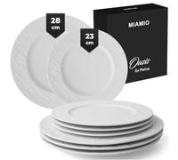 MIAMIO - Juego de 8 Platos de Cerámica, 4x Platos Llanos 28 cm y 4x Platos de Postre 23 cm, Vajilla Moderna - Apto para Microondas y Lavavajillas - Colección Oasis (Blanco)