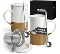 MIAMIO - Juego de tazas de té 2 x 500 ml con infusor y tapa/Taza de té de cerámica con infusor y cuchara para remojar té de hojas sueltas - Apto para microondas y lav (Marrón)