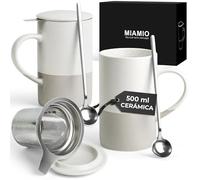 MIAMIO - Juego de tazas de té 2 x 500 ml con infusor y tapa/Taza de té de cerámica con infusor y cuchara para remojar té de hojas sueltas - Apto para microondas y lav (Gris)