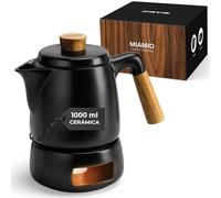 MIAMIO - Juego de tetera con calentador e infusor, cerámica (1 l) - Negro | Tetera cerámica con filtro metálico para té a granel y calentador de tetera, juego de té, 1 litro - apta para lavavajillas