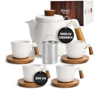 MIAMIO - Juego de tetera de cerámica de 1000 ml con infusor y tazas/colador de té, 4 tazas de té de cerámica (300 ml), platitos de bambú/asa para el hogar y el despacho (Blanco)