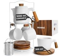 MIAMIO - Juego de tetera de cerámica de 1000 ml con infusor y tazas/colador de té, 4 tazas de té de cerámica (300 ml), platitos de bambú/asa para el hogar y el despacho (Blanco)