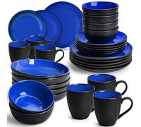 MIAMIO - Juego de Vajilla de 30 Piezas para 6 Personas/Vajilla de Gres - Incluye Platos, Tazones y Tazas - Apto para Microondas y Lavavajillas - Colección Le Papillon (Azul)