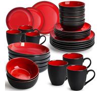 MIAMIO - Juego de Vajilla de 30 Piezas para 6 Personas/Vajilla de Gres - Incluye Platos, Tazones y Tazas - Apto para Microondas y Lavavajillas - Colección Le Papillon (Rojo)