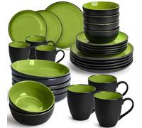 MIAMIO - Juego de Vajilla de 30 Piezas para 6 Personas/Vajilla de Gres - Incluye Platos, Tazones y Tazas - Apto para Microondas y Lavavajillas - Colección Le Papillon (Verde)