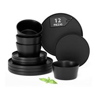 MIAMIO - Juego de vajilla para 4 / Juego de 12 piezas de gres moderno/Vajilla - Apta para lavavajillas y microondas - Colección Luxe (Negro, Vajilla (12x))