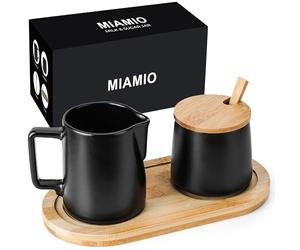 MIAMIO - Juego para servir crema y azúcar con tapa y cuchara/Accesorios de cerámica para el rincón del café - Apto para microondas y lavavajillas. (Negro)