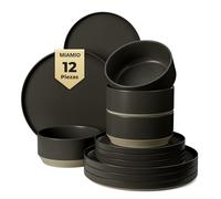 MIAMIO - Juegos de Vajilla para 4 Personas/Juego de Vajilla de Gres de 12 Piezas/Lavavajillas y Apto para Microondas - Colección Sierra (Oscuro, Vajilla (12x))