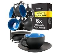 MIAMIO Le Papillon Collection - Juego de 6 tazas de capuchino apilables de cerámica de 175 ml y platillo con soporte de metal para café, bebidas, café con leche y té, colección Le Papillon